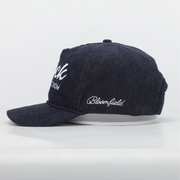 Five panel corduroy blue and white snapback